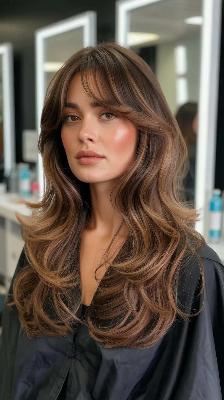 best spring long haircuts trends 2026 Soft butterfly layers with airy curtain bangs