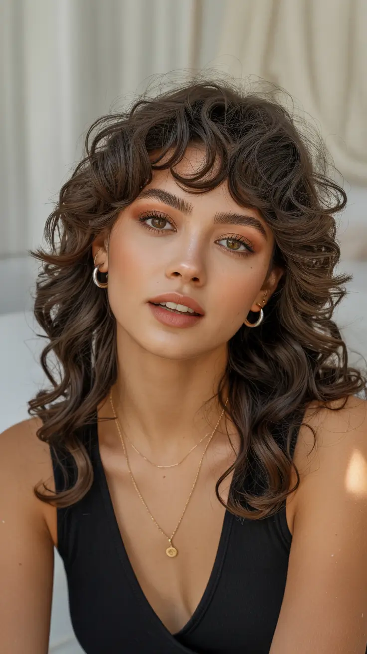 best spring long haircuts trends 2026 Curly shag inspired long cut with short fringe