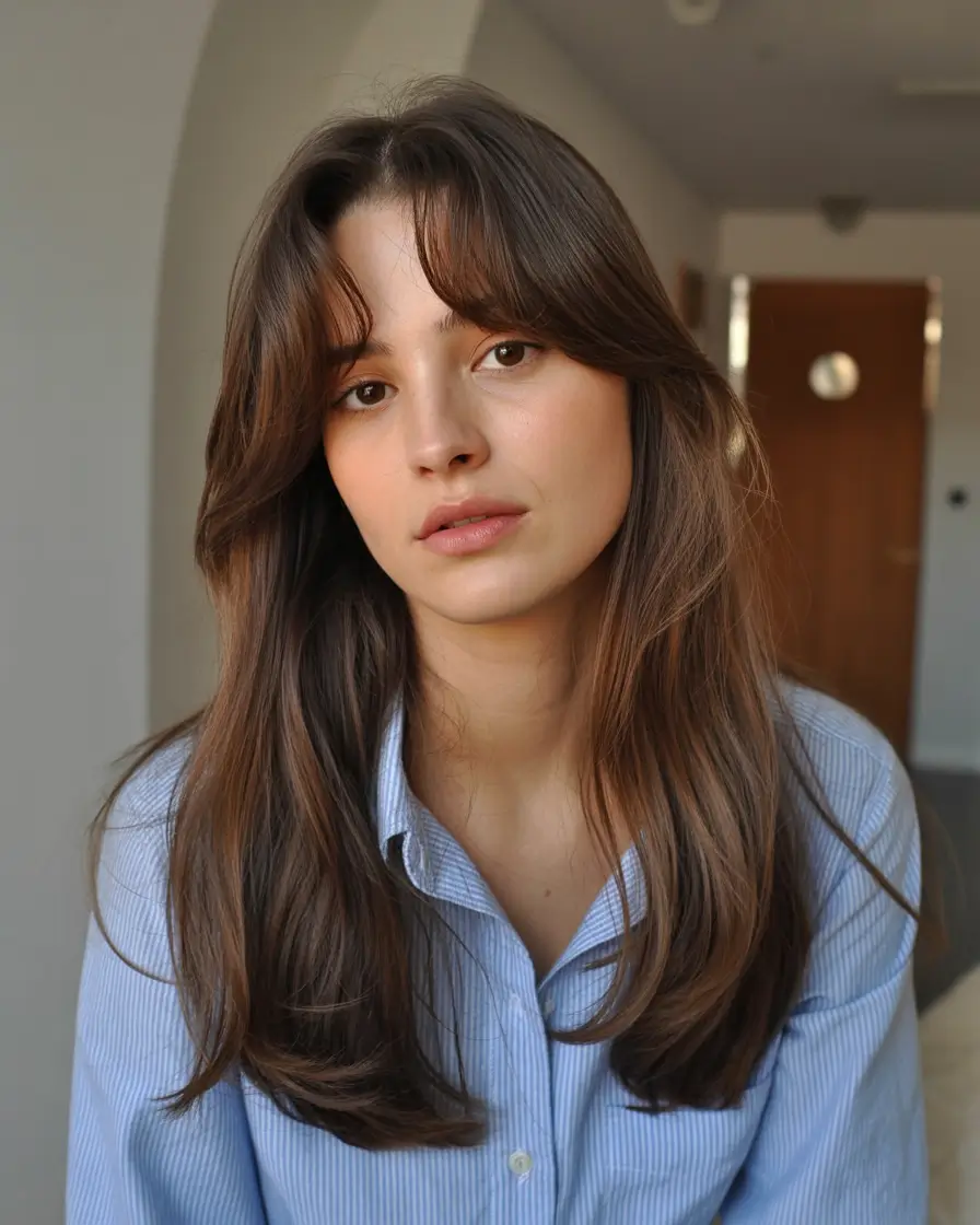 best spring long haircuts trends 2026 Long layered cut with soft curtain bangs and rounded ends
