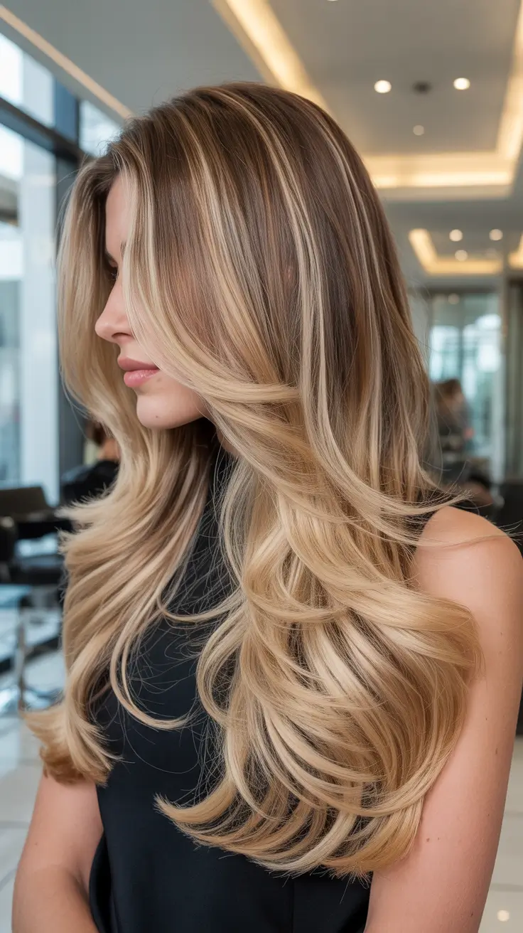best spring long haircuts trends 2026 Glossy long layers with champagne blonde flow