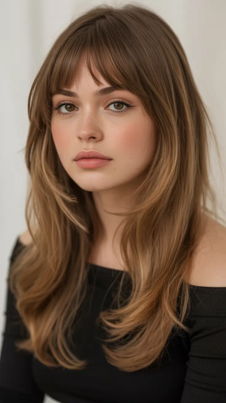 best spring long haircuts trends 2026 Soft layered long haircut with light fringe and warm dimension