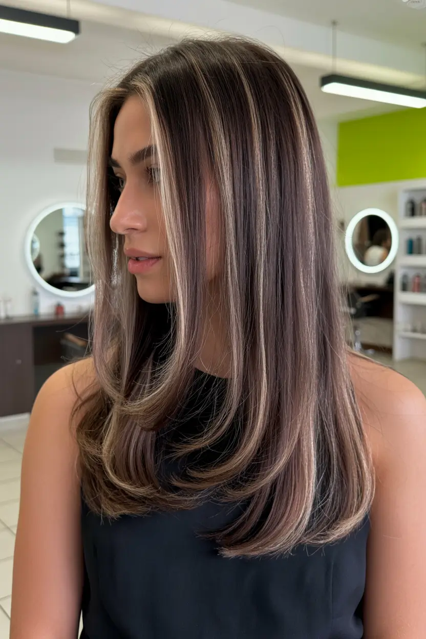 best spring long haircuts trends 2026 Cool toned brunette long cut with invisible layering