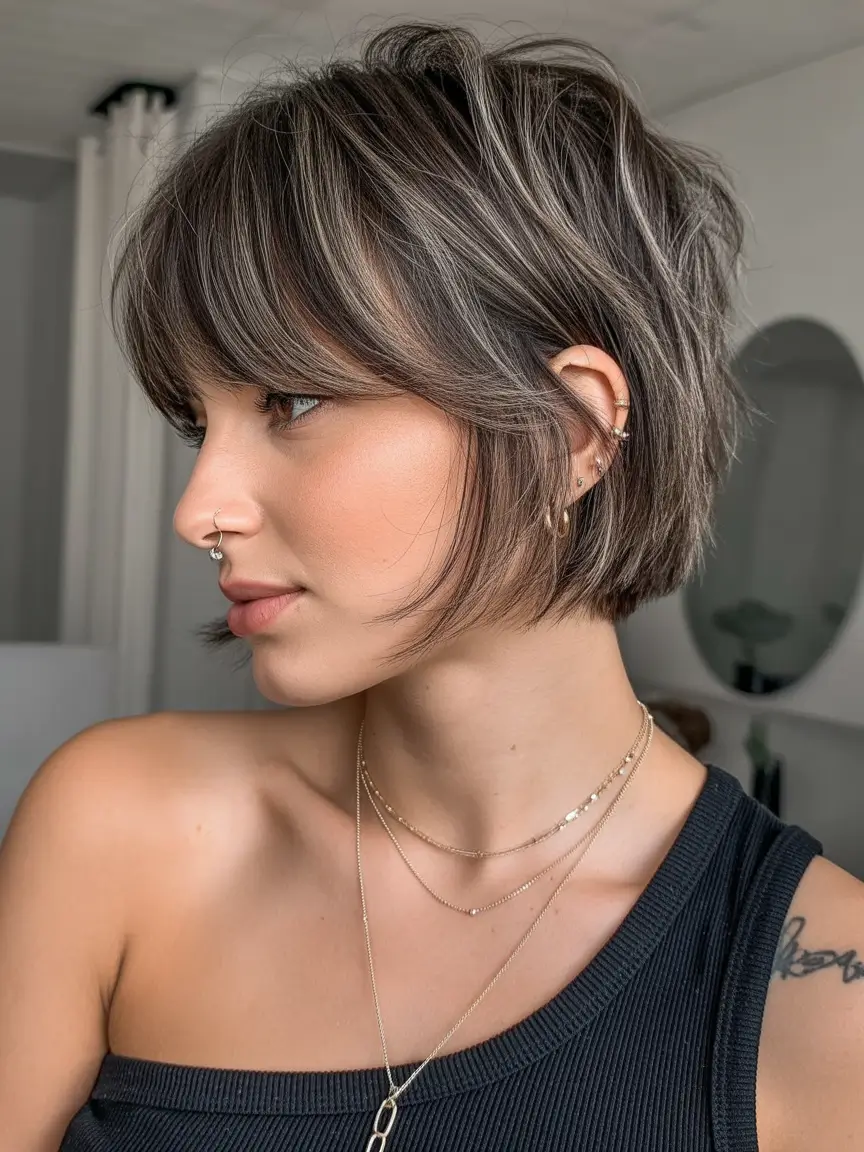best spring short haircuts ideas 2026 Textured short shag bob with piecey fringe