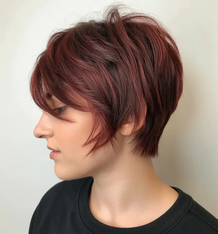 best spring short haircuts ideas 2026 Layered burgundy short shag with extended nape