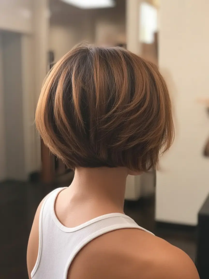 best spring short haircuts ideas 2026 Stacked layered bob with warm spring dimension