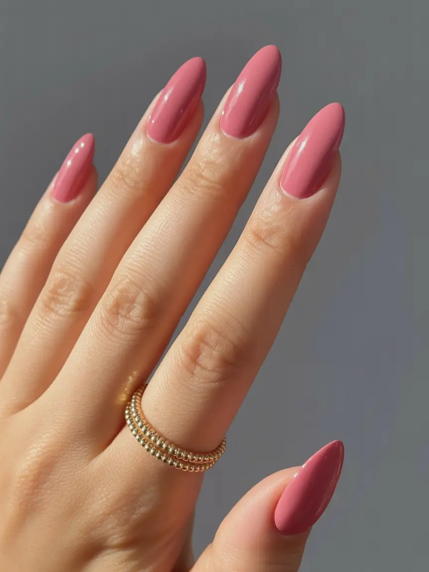 bold spring nails pink 2026 Glossy Almond Pink for a Clean Bold Statement