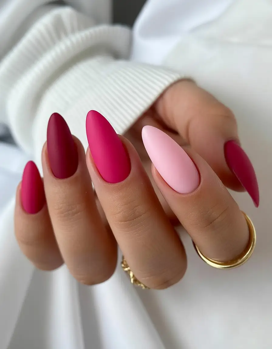 bold spring nails pink 2026 Matte Pink Gradient in Dramatic Almond