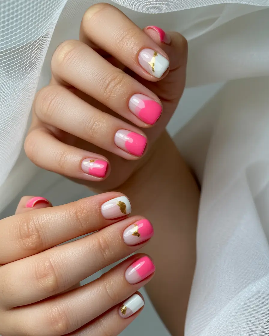 bold spring nails pink 2026 Pink and White Color Blocking with Gold Accents