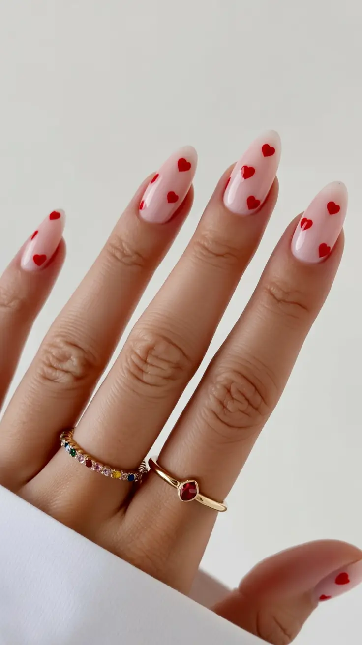 bold spring nails pink 2026 Soft Pink with Playful Red Heart Details