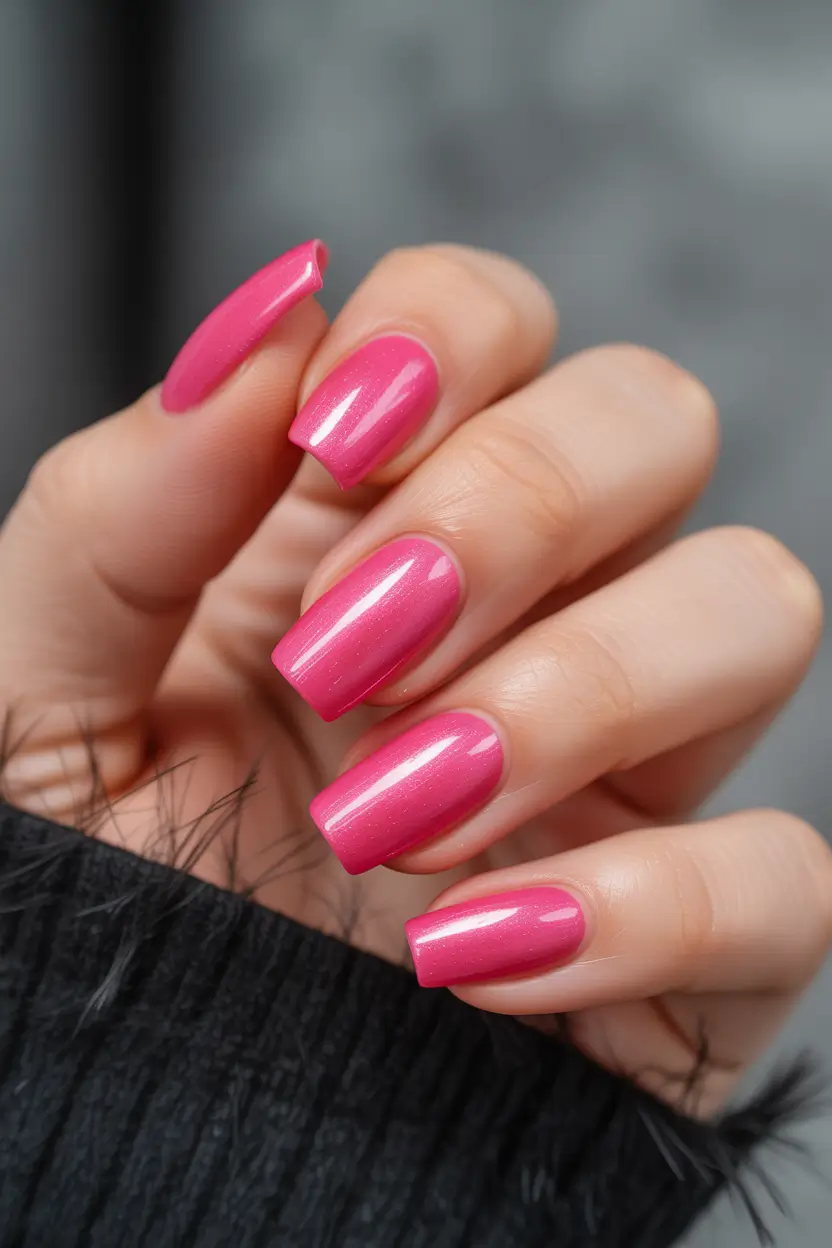 bold spring nails pink 2026 Glossy Barbie Pink with Subtle Sparkle