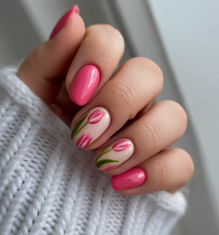 bold spring nails pink 2026 Pink Tulip Art with Fresh Green Accents