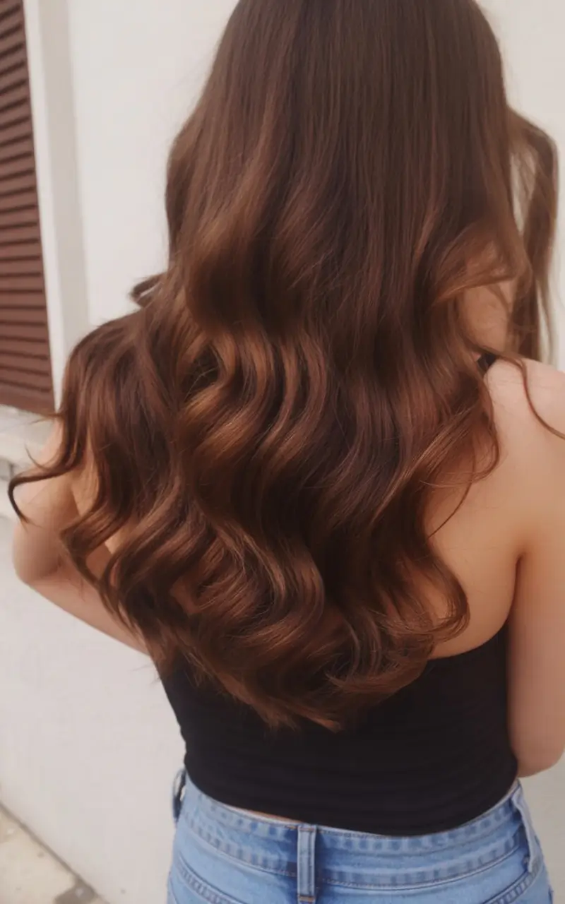 chic spring brown hair color 2026 Rich Walnut Waves With Spring Softness