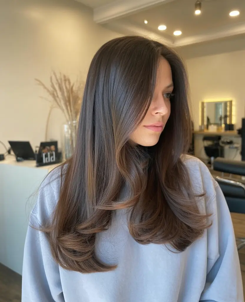 chic spring brown hair color 2026 Luxurious Espresso Layers With Spring Shine