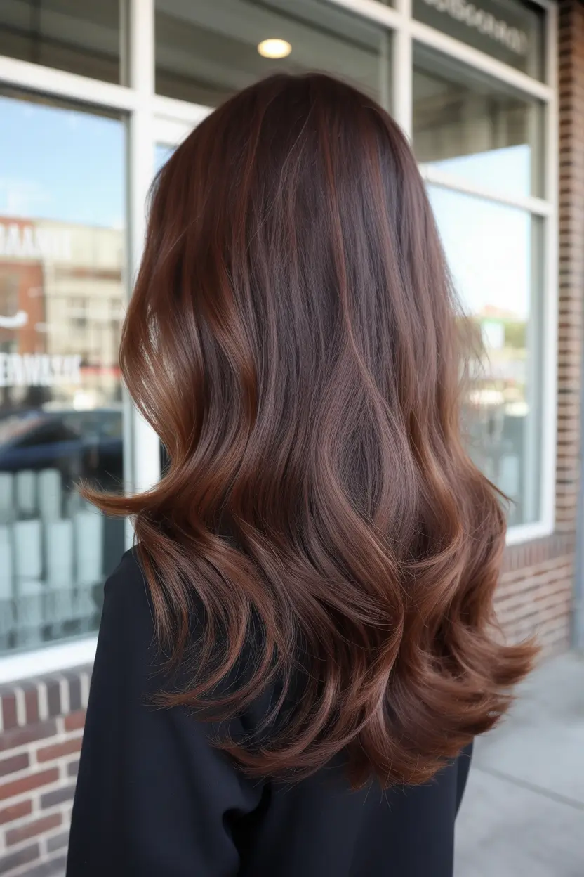 chic spring brown hair color 2026 Warm Hazelnut Waves With Soft Flicked Ends
