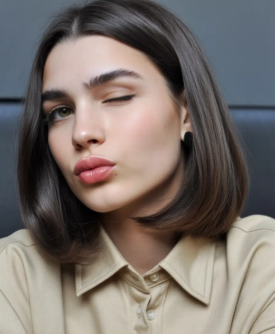 chic spring brown hair color 2026 Classic Smooth Brown Bob With Polished Edges