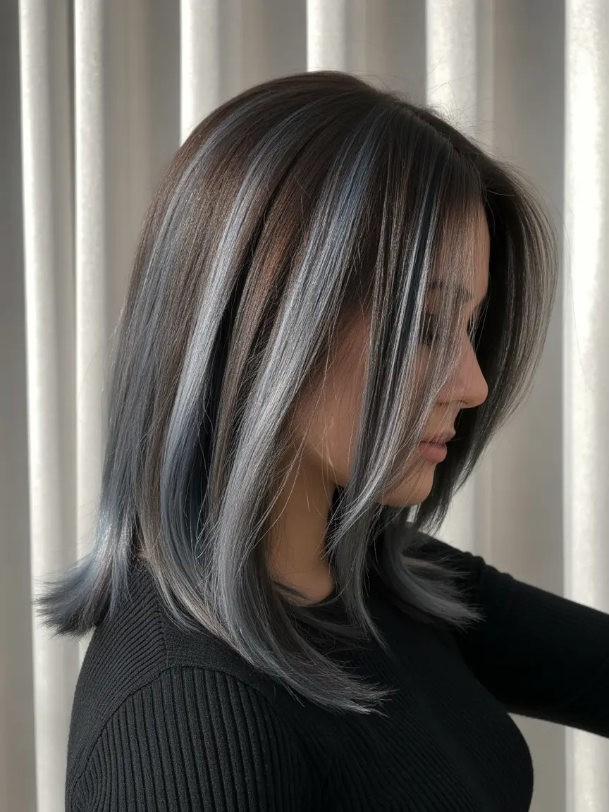 chic spring brown hair color 2026 Cool Slate Highlights On Deep Brown