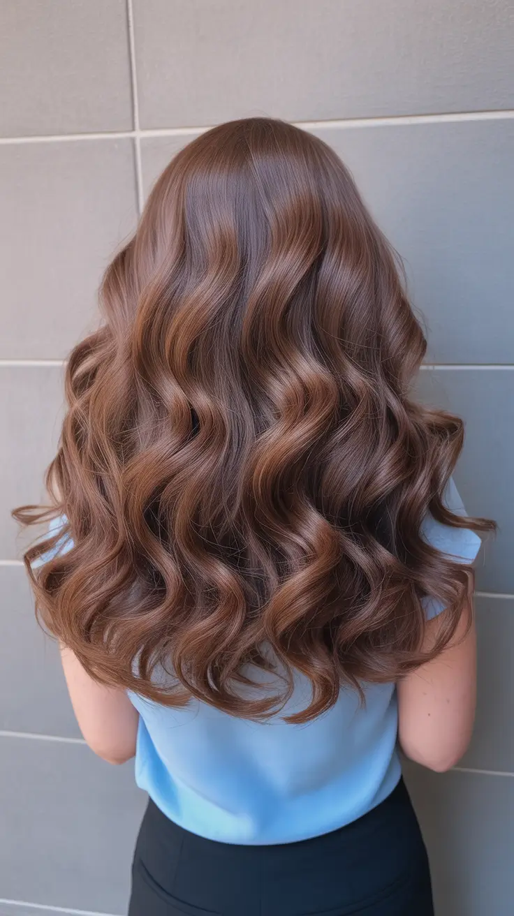 chic spring brown hair color 2026 Warm Glossy Brown Waves With Soft Depth