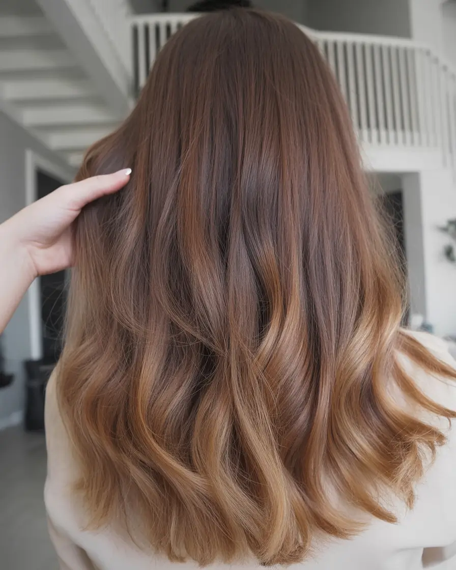 chic spring brown hair color 2026 Caramel Veil Balayage On Soft Brown Waves