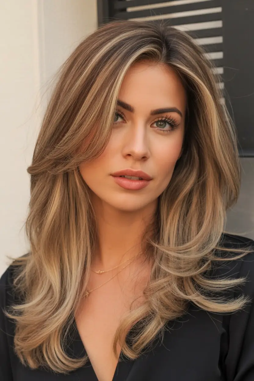 chic spring brown hair color 2026 Soft Blonde Framed Brunette Layers