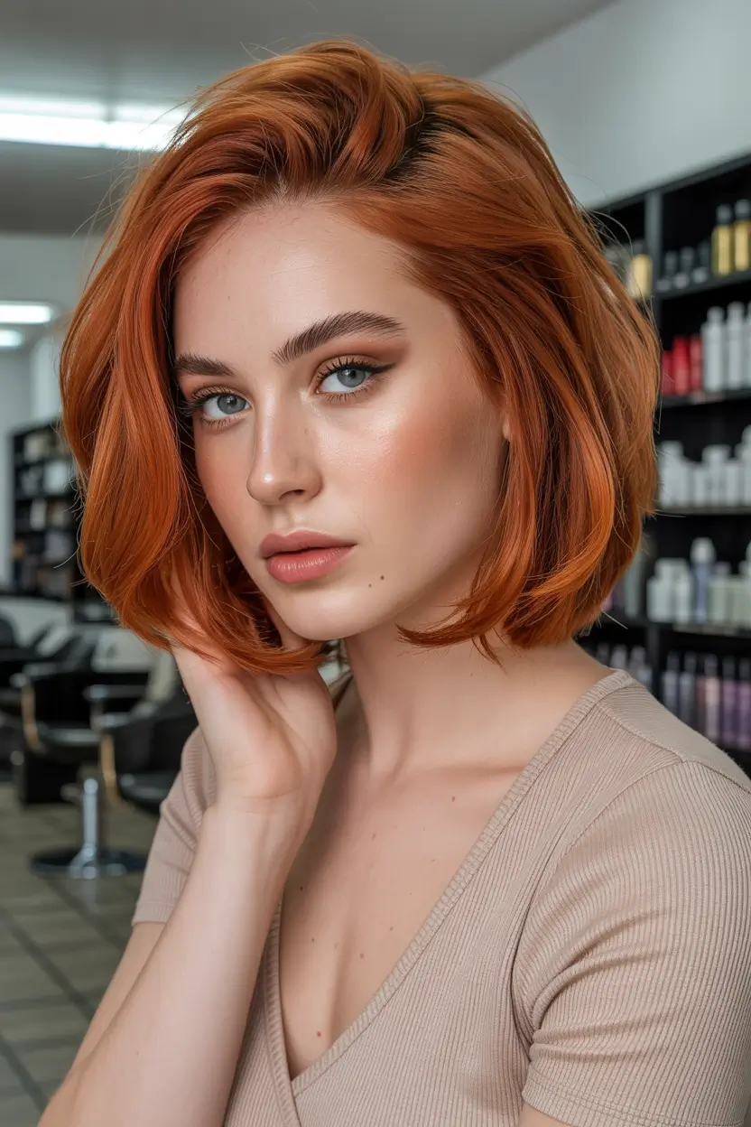chic spring fox hair color 2026 Polished Copper Fox Bob with Clean Lines