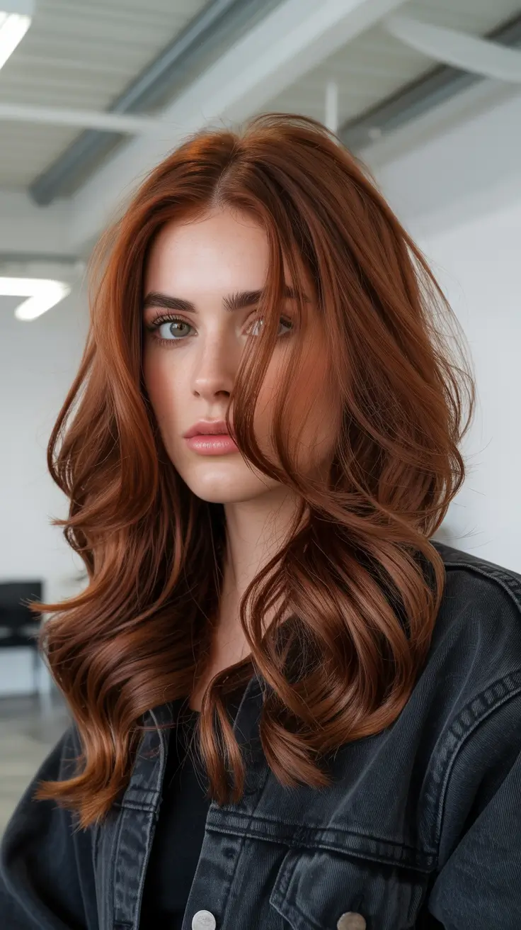 chic spring fox hair color 2026 Deep Auburn Fox Glam with Long Layers