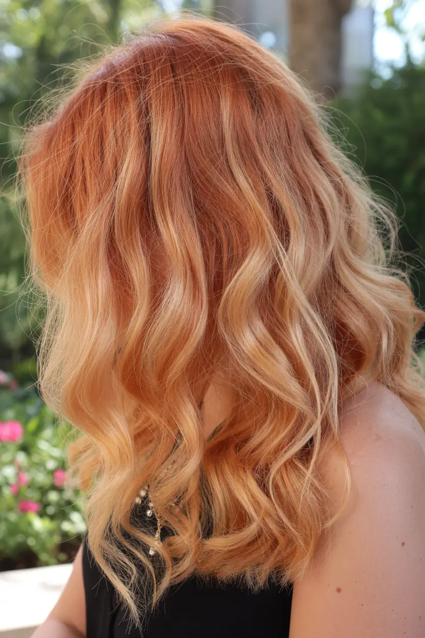 chic spring fox hair color 2026 Golden Peach Fox Waves with Sunlit Dimension