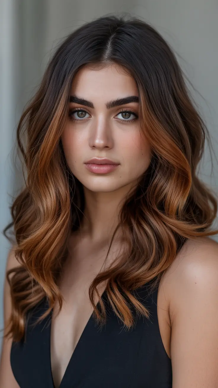 chic spring fox hair color 2026 Dimensional Brunette Fox Waves with Subtle Fire