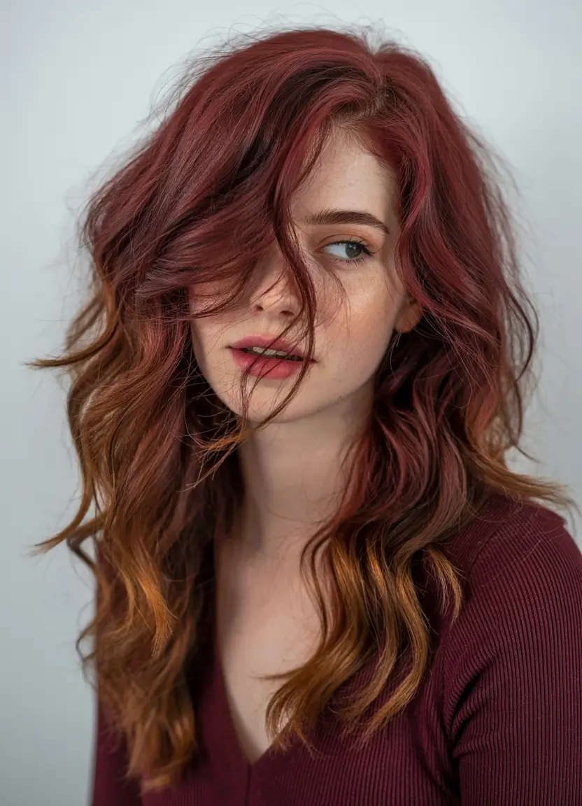 chic spring fox hair color 2026 Deep Burgundy Fox Blend with Textured Movement