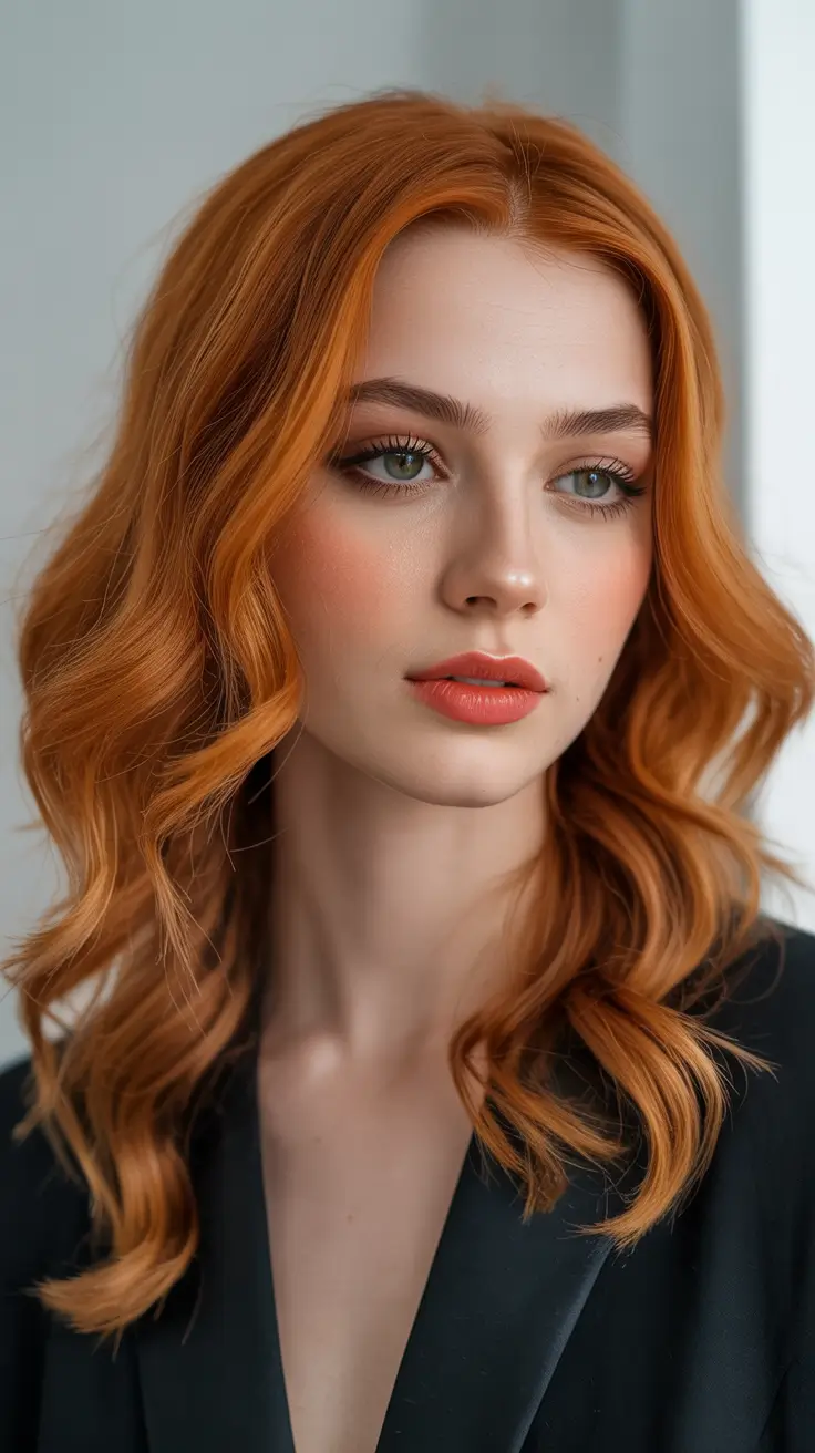 chic spring fox hair color 2026 Classic Copper Fox Waves with Soft Glam Finish
