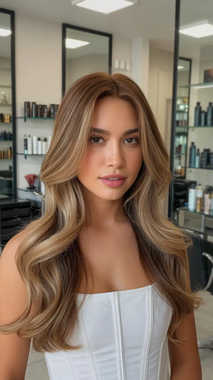 chic spring hair color for warm skin tone 2026 Bright Honey Cream Waves