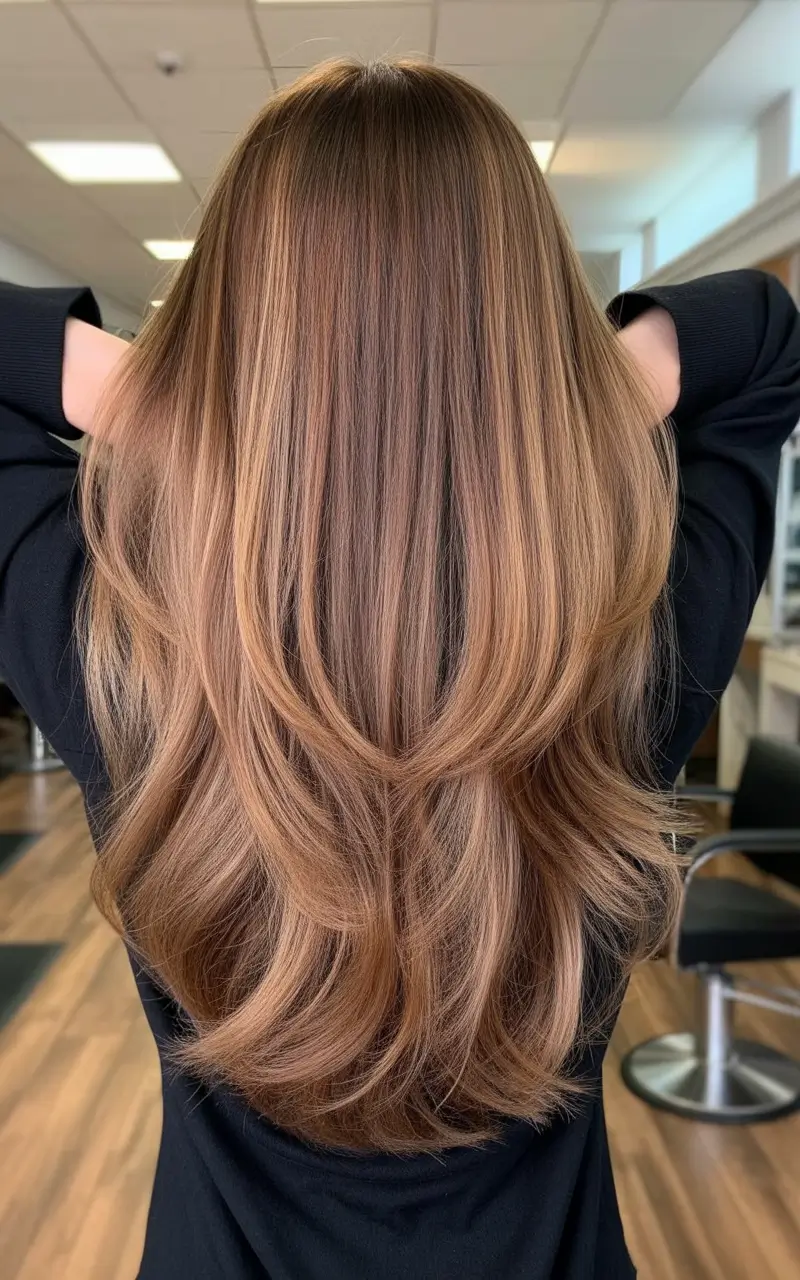 chic spring hair color for warm skin tone 2026 Bronzed Toffee Layers