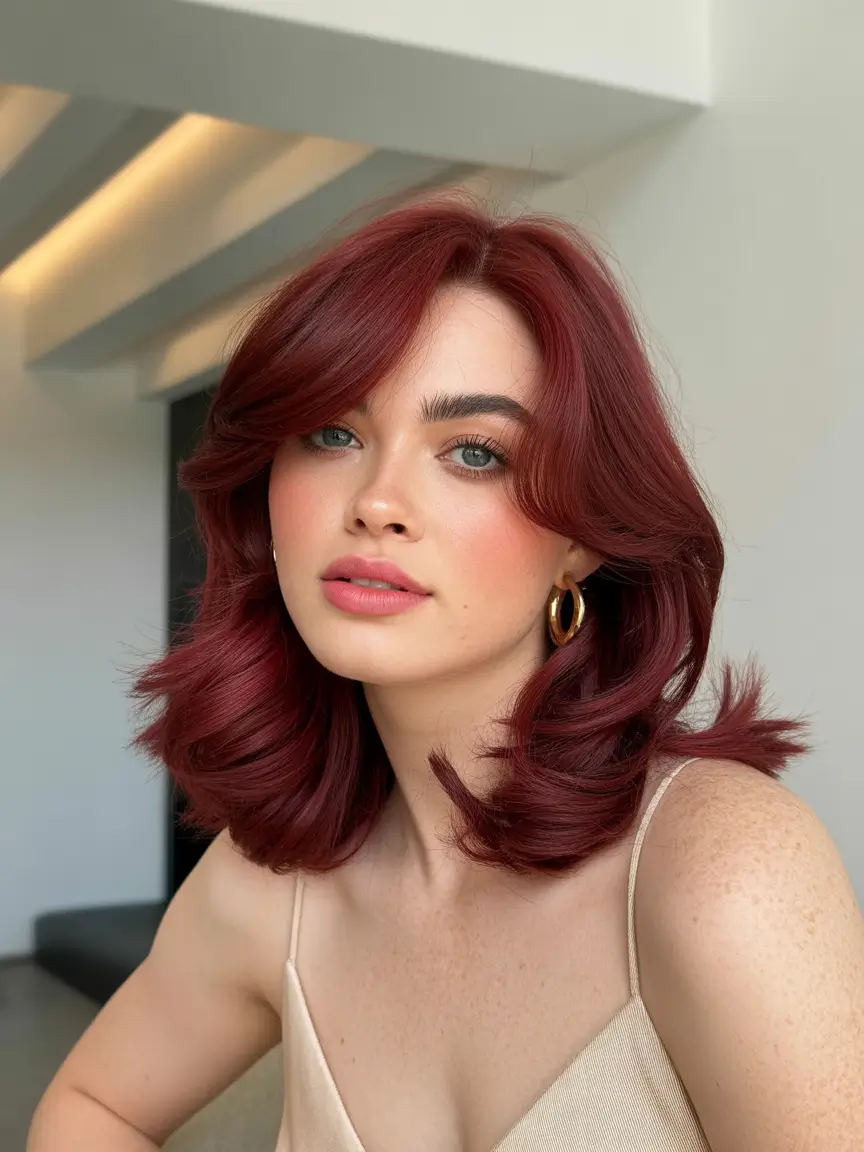 chic spring hair color for warm skin tone 2026 Modern Cherry Red Shaggy Lob
