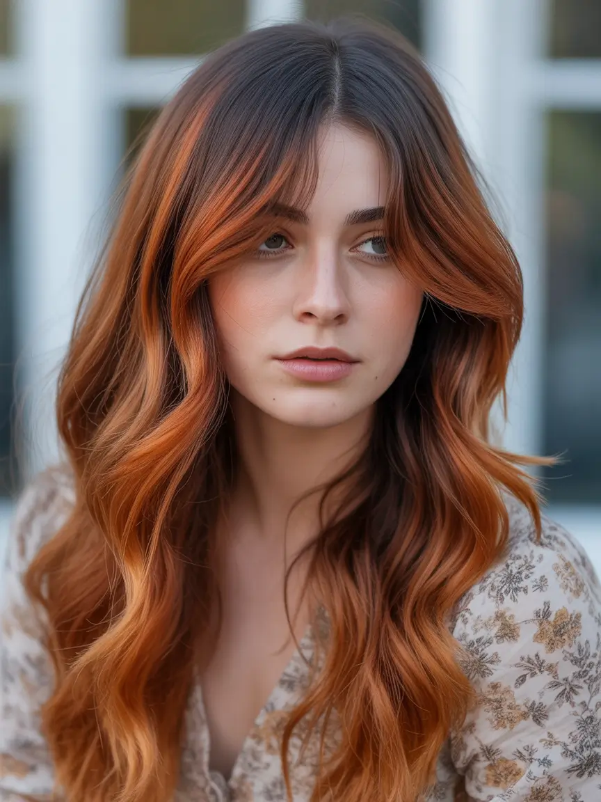 chic spring hair color for warm skin tone 2026 Burnt Amber Waves with Soft Root Depth
