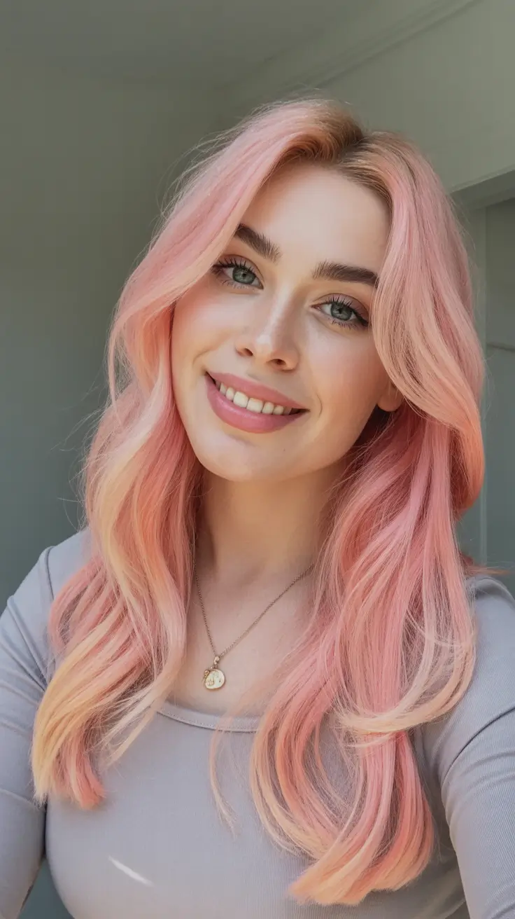 chic spring hair color for warm skin tone 2026 Soft Peach Pink Glow