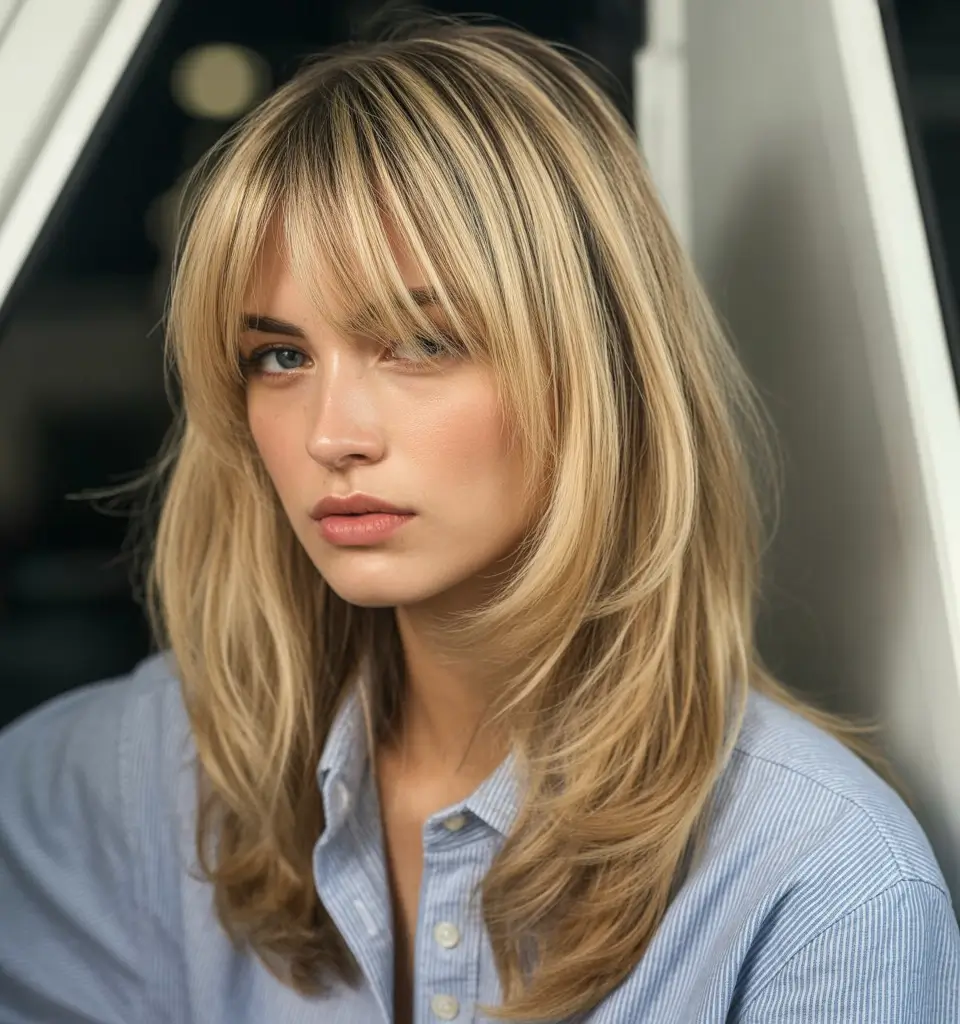 chic spring honey blonde hair color 2026 Layered Honey Blonde with Feathered Bangs