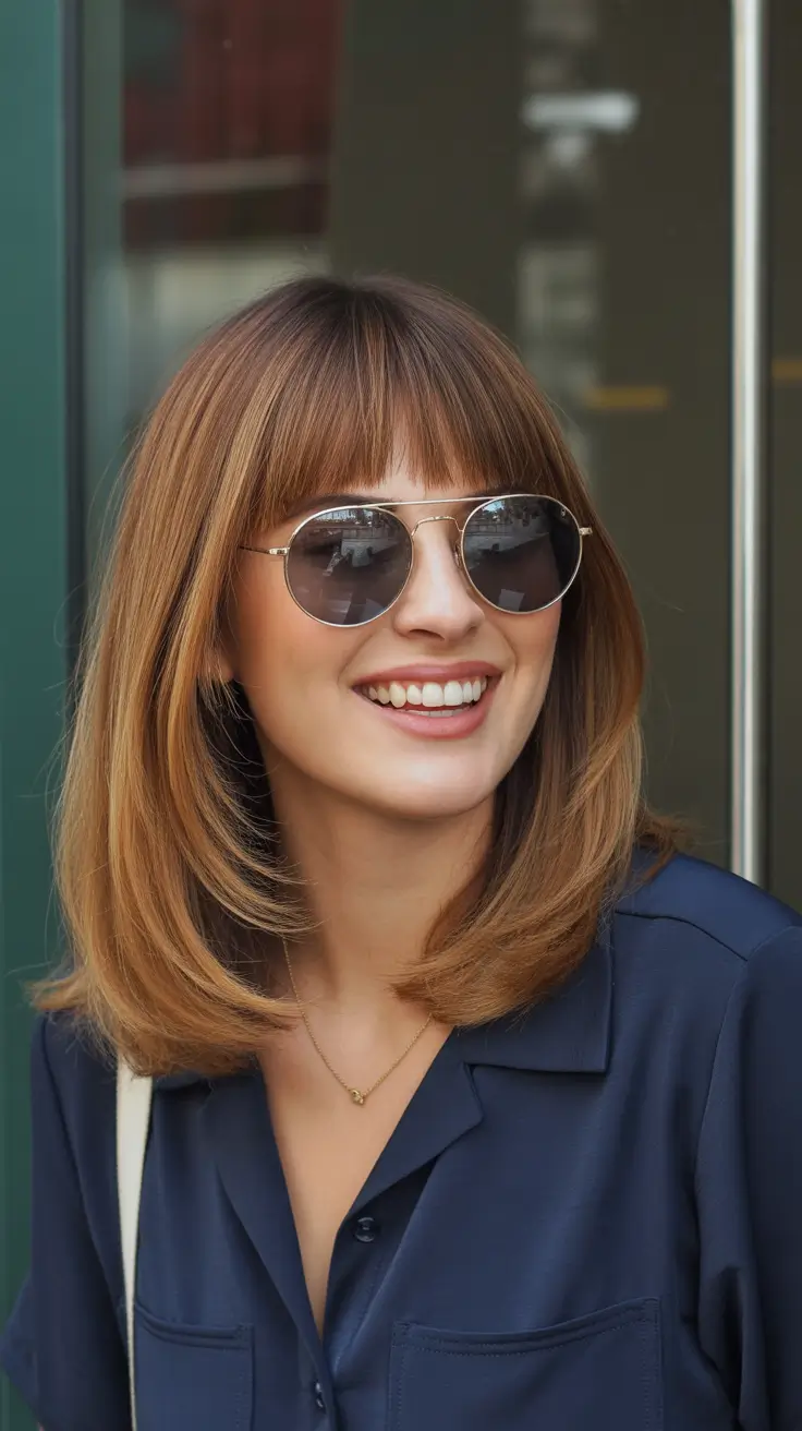 chic spring mom haircuts 2026 Layered medium cut with full bangs and rounded ends