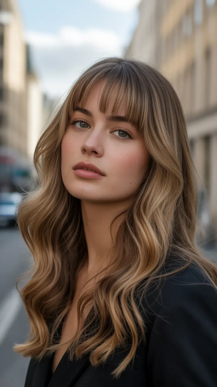 chic spring mom haircuts 2026 Soft long waves with curtain bangs and blended highlights