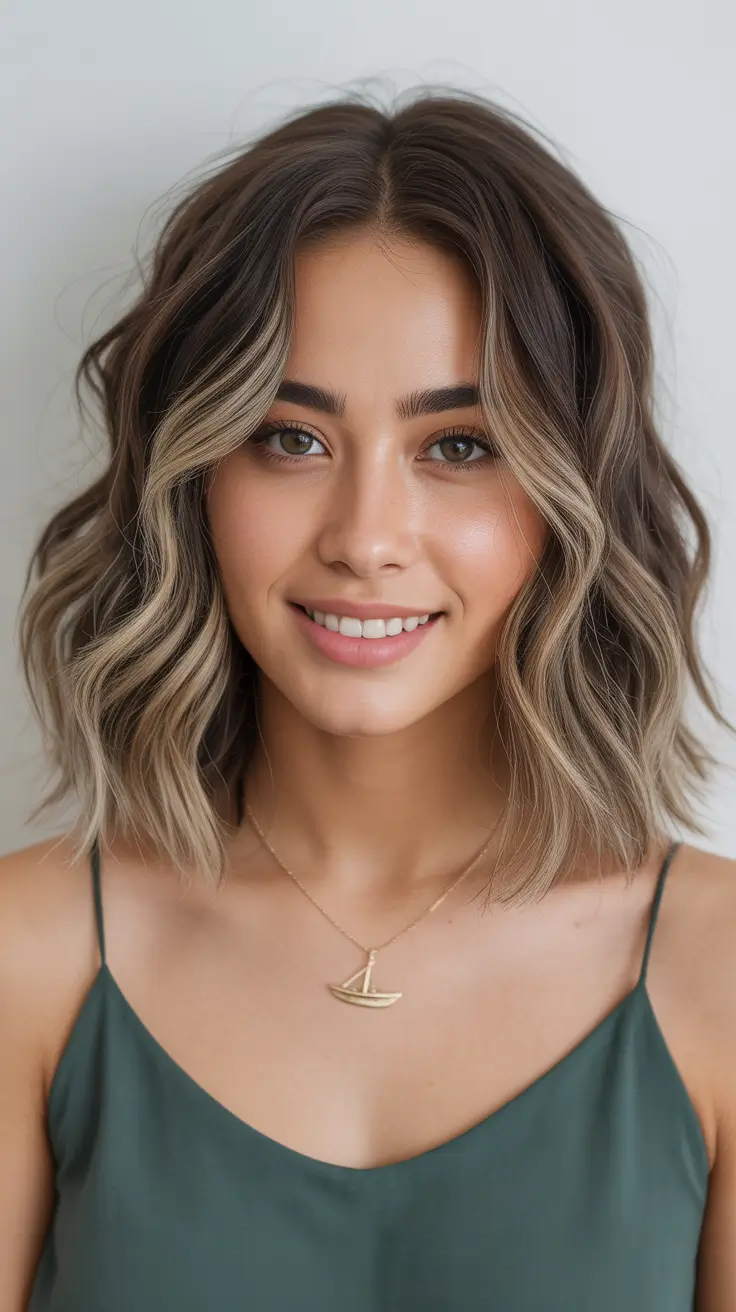 chic spring mom haircuts 2026 Wavy medium bob with bright money piece highlights
