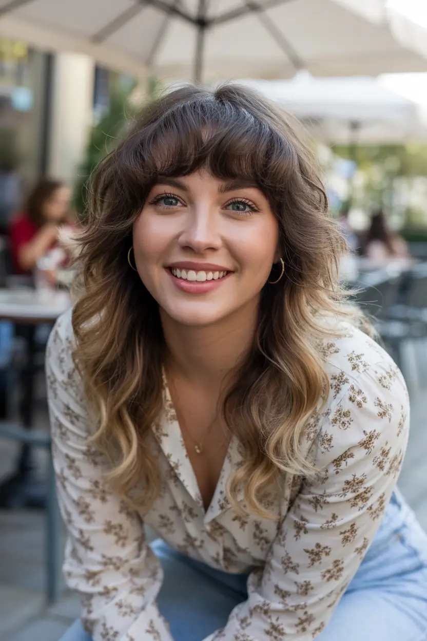 chic spring mom haircuts 2026 Curly shag mid length cut with full fringe