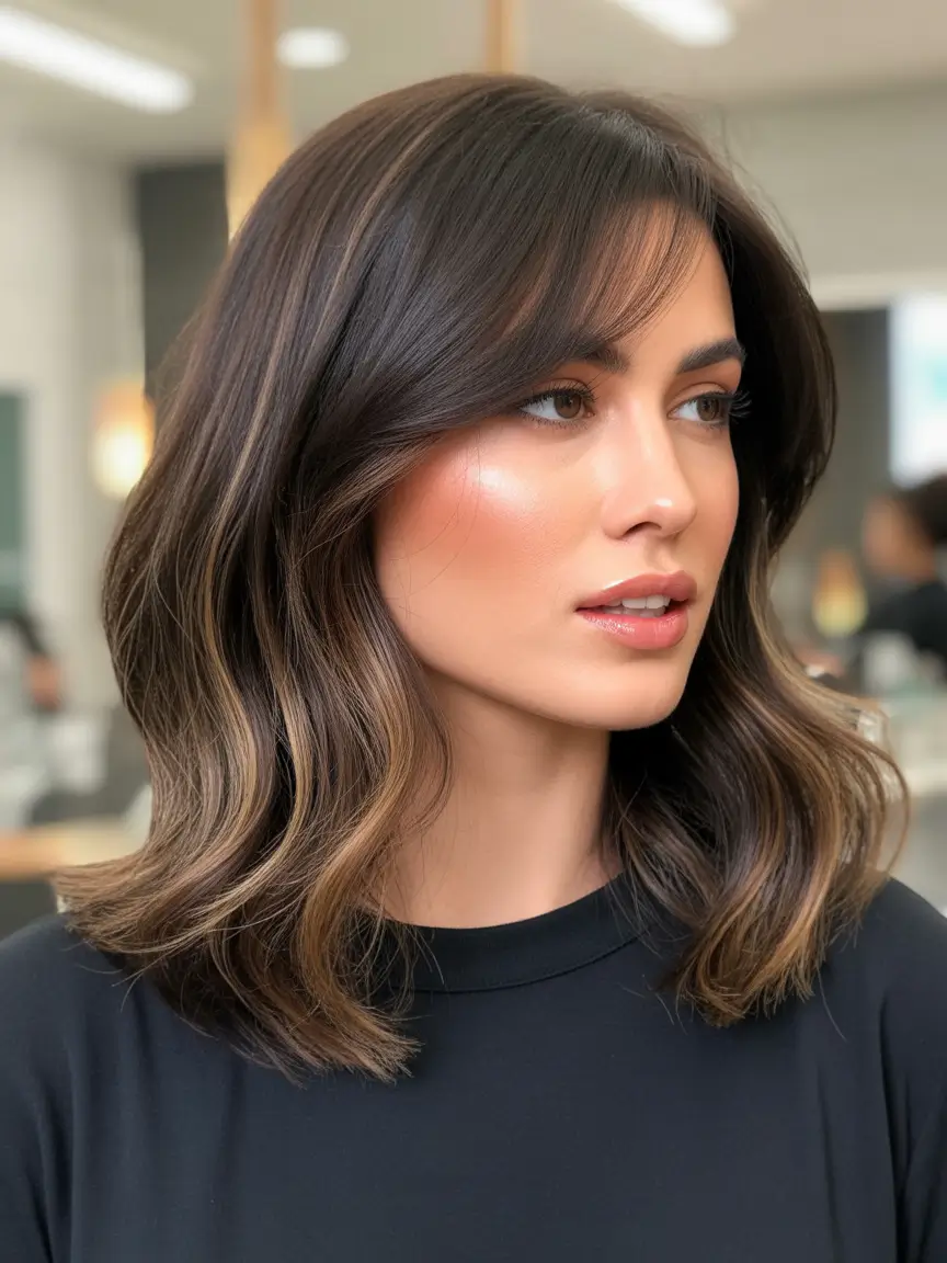 chic spring mom haircuts 2026 Soft layered medium lob with curtain bangs flow