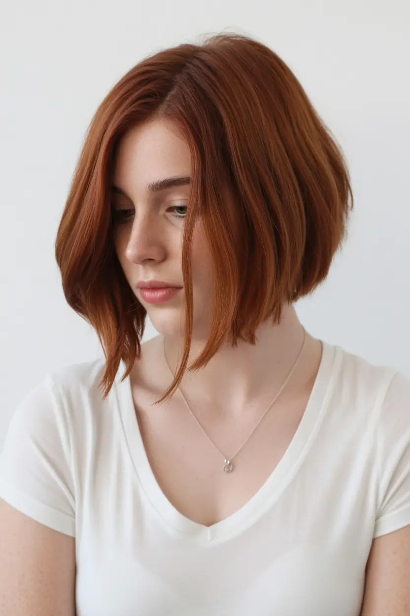 chic spring mom haircuts 2026 Short structured copper bob with side sweep framing