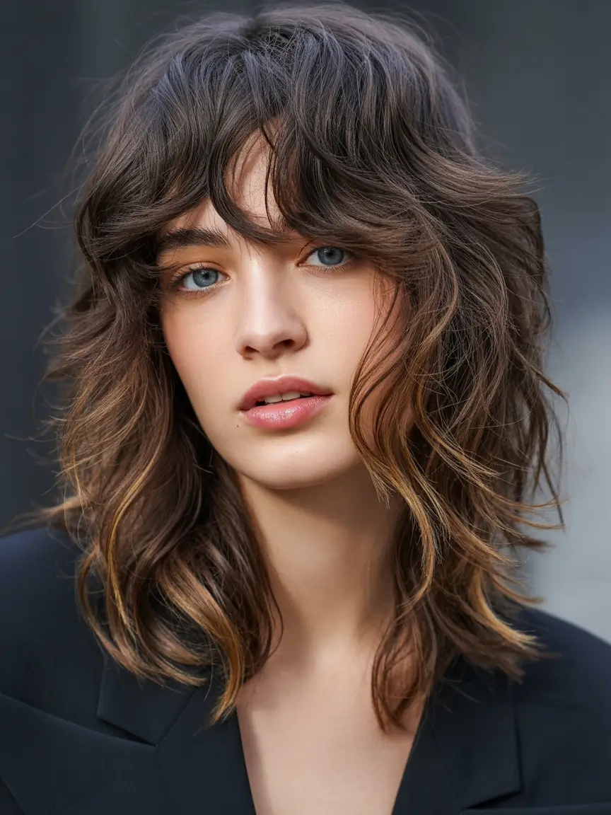 chic spring shag haircuts 2026 Edgy Wavy Shag With Long Bangs And Rockstar Movement