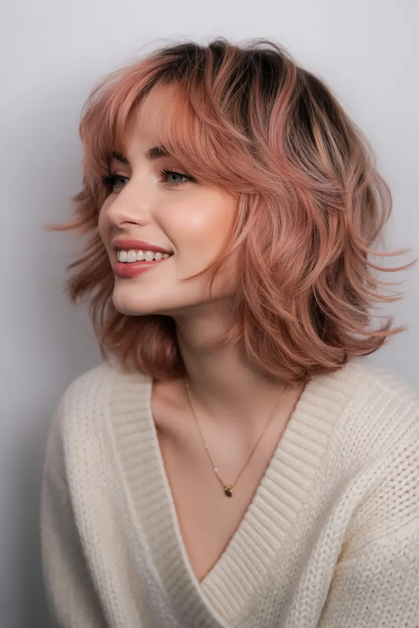 chic spring shag haircuts 2026 Playful Short Wavy Shag With Peach Tone And Light Bangs