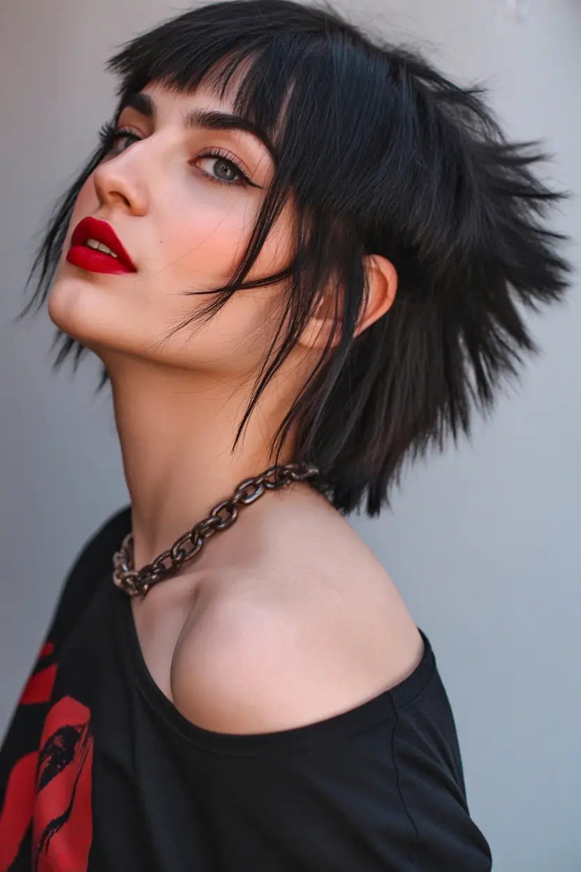 chic spring shag haircuts 2026 Edgy Short Shag With Micro Bangs And Punk Rockstar Shape