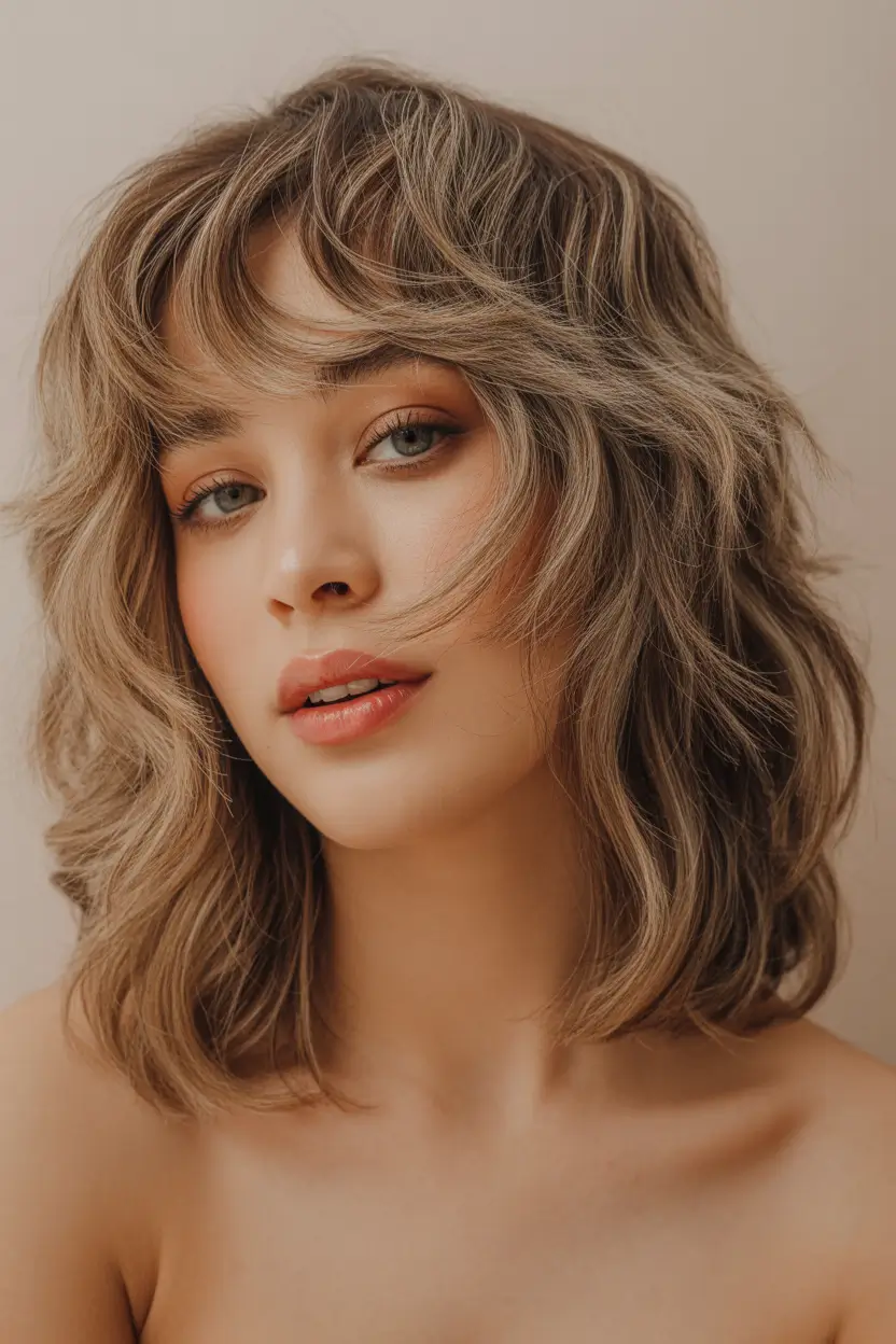 chic spring shag haircuts 2026 Soft Medium Shag With Feathered Bangs And Warm Beige Blonde