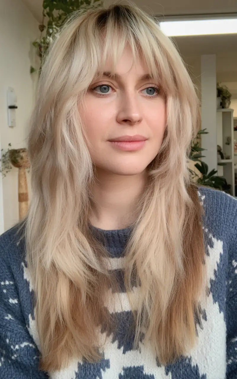 chic spring shag haircuts 2026 Long Layered Shag With Full Bangs And Straight Texture