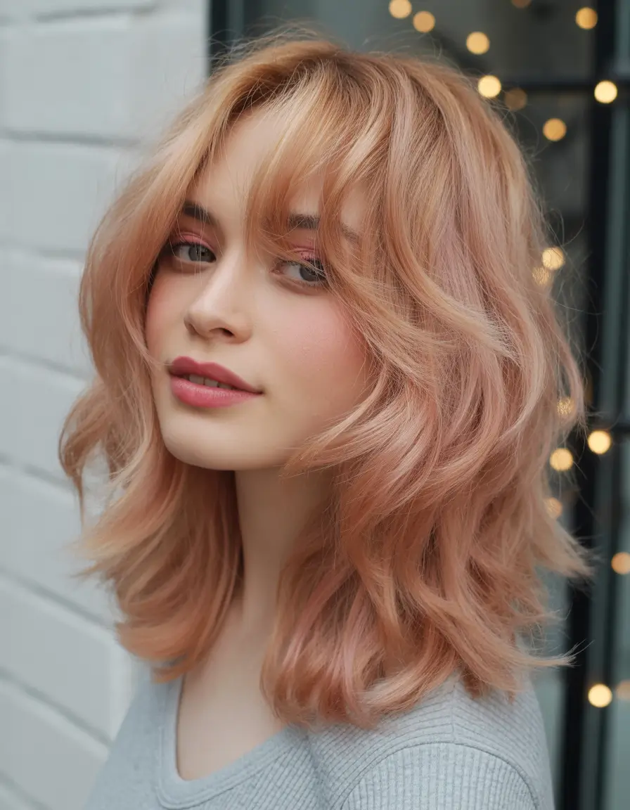 chic spring shag haircuts 2026 Wavy Peach Blonde Medium Shag With Playful Volume