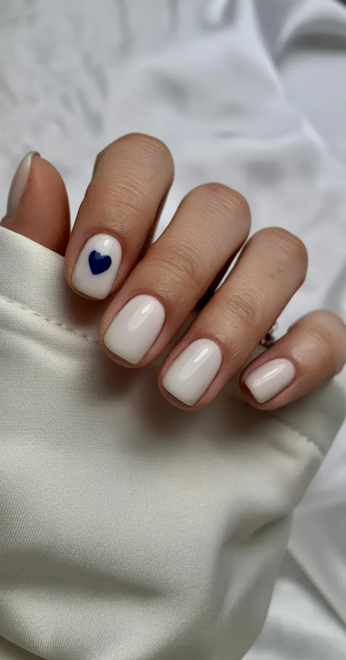 cool spring short nails 2026 Milky White with a Tiny Blue Heart Accent