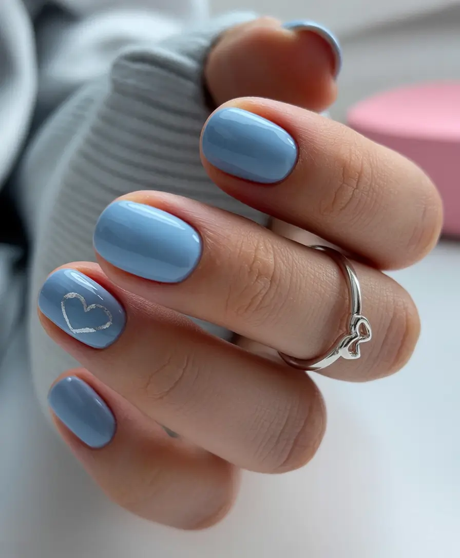 cool spring short nails 2026 Powder Blue with Minimal Heart Detail