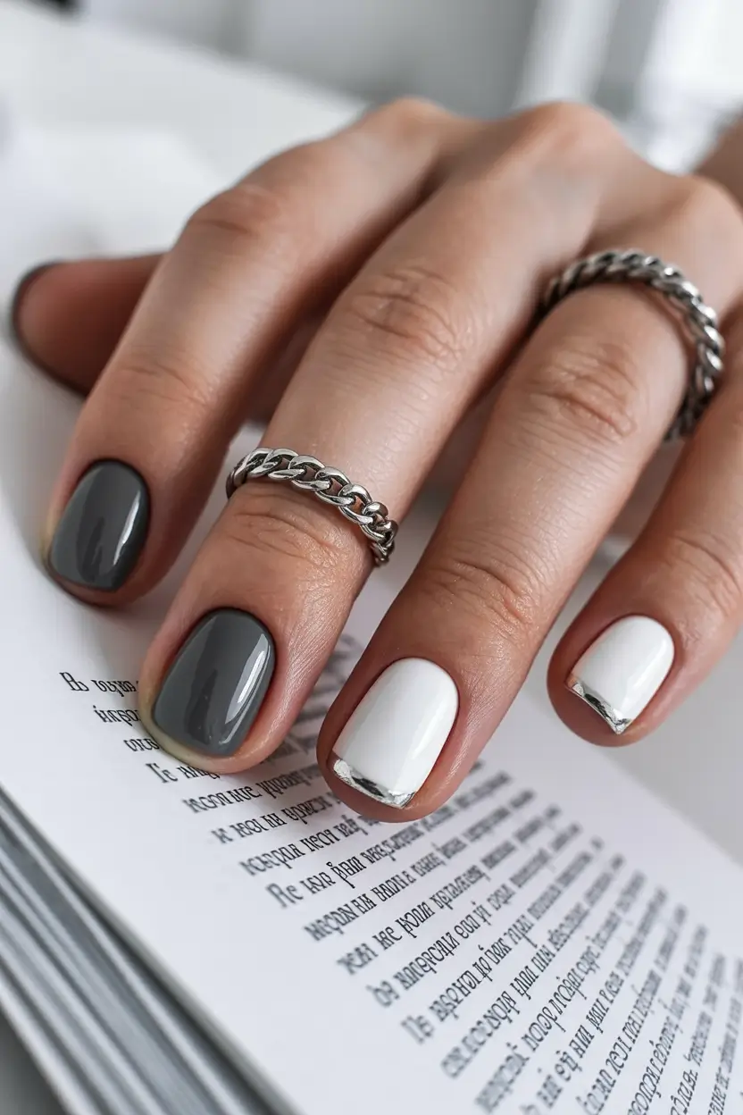 cool spring short nails 2026 Charcoal and White with Metallic French Edge